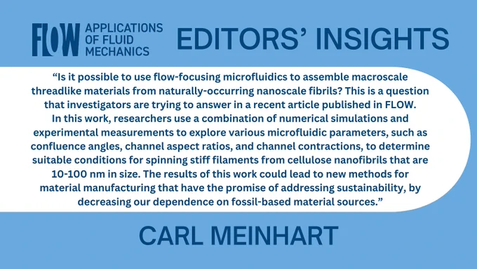 Image displaying a quote by Carl Meinhart on the applications of fluid mechanics to microfluidics, discussing the potential of assembling macroscale threadlike materials for sustainable material manufacturing.