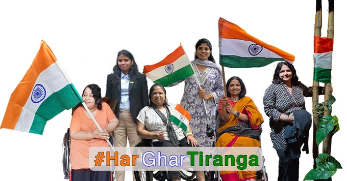 Abha, Anjali, Sangita, Namrata, Radhika, and Shalini, all smiling and holding the Indian National Flag.
With the hashtag of Har Ghar Tiranga