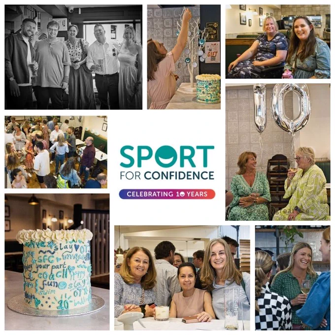 A collage of images from the Sport for Confidence 10th birthday party.
