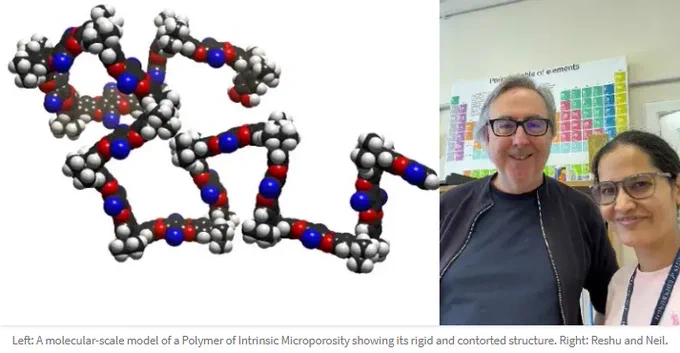 Composite image. Left: A molecular-scale model of a Polymer of Intrinsic Microporosity showing its rigid and contorted structure. Right (L-R): Prof Neil McKeown and Dr Reshu Tyagi 