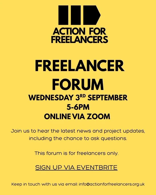 Pale yellow background with black texts that reads FREELANCER FORUM: Wednesday 3rd September 5-6pm." The AFF LOGO in aligned top centre.
