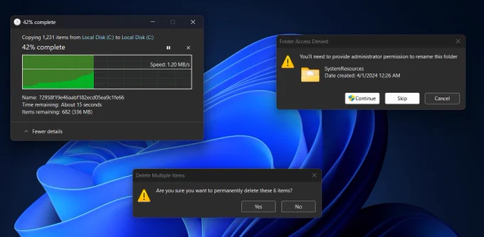 Windows 11 desktop. Three file operation dialogs are visible, all 3 of which appear in dark mode, respecting the user's preference. In the top left is a copy dialog showing that the current copy operation is 42% complete with about 15 seconds left. In the top right is a folder access denied dialog asking the user to provide permission to rename the SystemResources folder. Notably, the Continue and Skip buttons still appear in light mode, a quirk of this implementation. At the bottom is a "Delete Multiple Items" dialog for recycling, which asks the user if they're sure they want to delete 6 items.