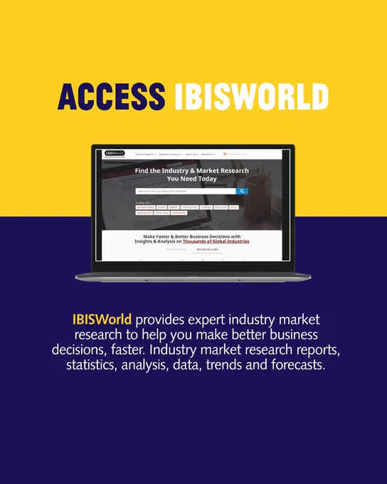Promotional material for IBISWorld, featuring a laptop displaying the company's website for industry market research reports, analysis, and trends. The text explains IBISWorld's services in providing expert industry data to help businesses make informed decisions quickly.