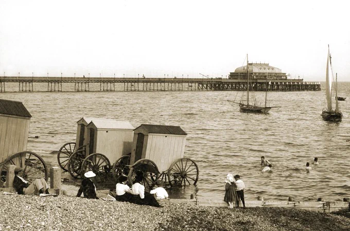  Bathing machines, beach and pier, Worthing, 1893