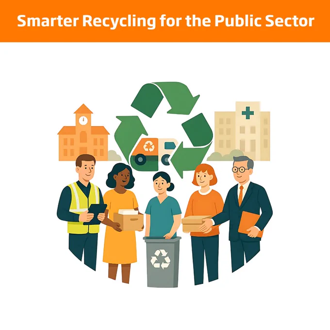 Group of diverse public sector workers holding recyclable boxes around a recycling bin with a large green recycling symbol and a truck in the background.