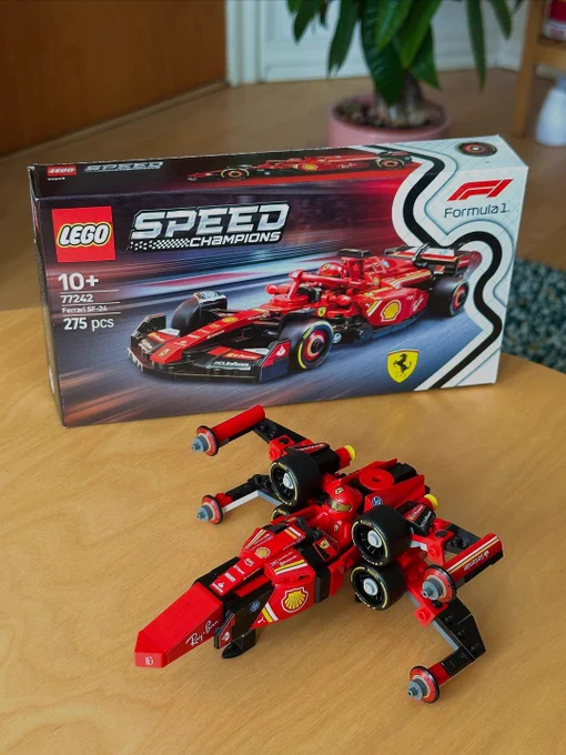 A Lego Formula 1 Ferrari car but redesigned to be the X-wing Starfighter.