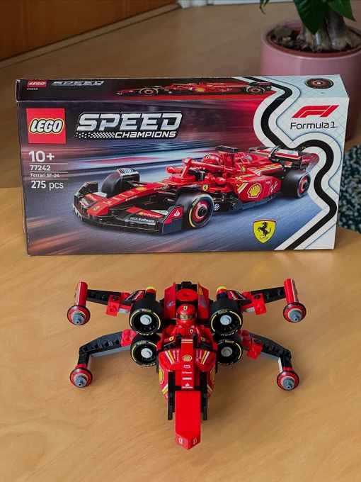 A Lego Formula 1 Ferrari car but redesigned to be the X-wing Starfighter.