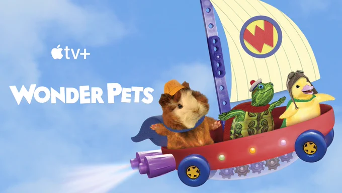 Copy reads "Wonder Pets" with the Apple TV  logo. Ming-Ming the Duck, Tuck the Turtle and Linny the Guinea Pig are sitting in a flying red boat with a red W on the sail. 