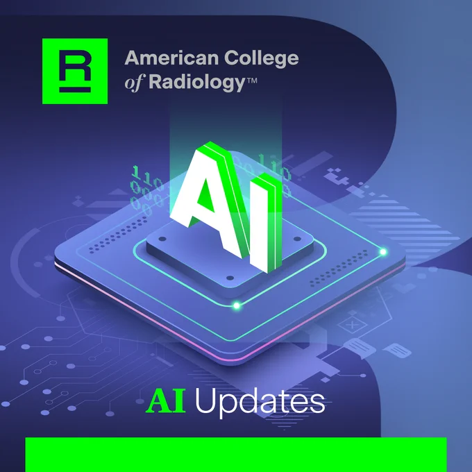 Graphic for American College of Radiology featuring a stylized smartphone displaying an "AI" icon, with text indicating "AI Updates". The design includes vibrant green and purple colors on a dark background.