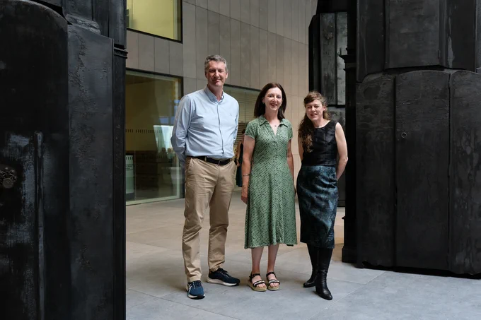 Trinity's Prof. Brian Broderick and Mary Colclough with artist Nina McGowan at the launch of Container, a key element of the House on the Beach project. Photographed by Claudio Nego, photojournalist.