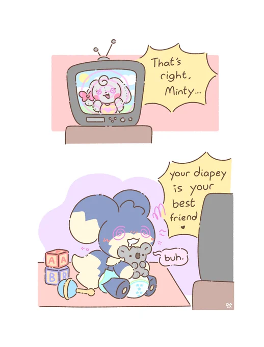 minty sitting in front of the crt showing a tv show that hypnotizes him into loving diapers.