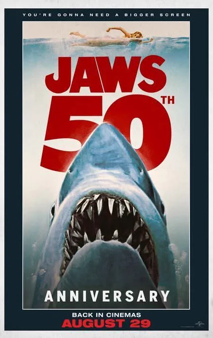Jaws poster with text Jaws 50th Anniversary.