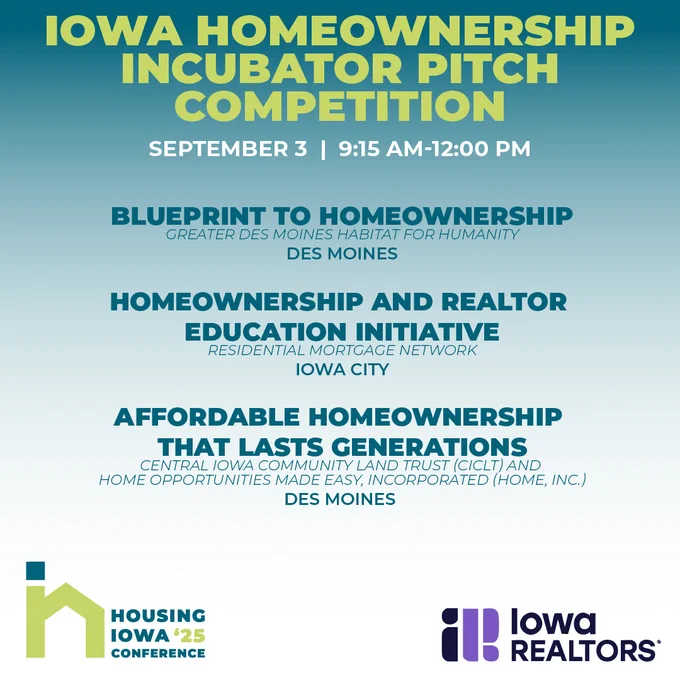Promotional poster for the Iowa Homeownership Incubator Pitch Competition on September 3, from 9:15 AM to 12:00 PM. Finalists: 
Blueprint to Homeownership, Greater Des Moines Habitat for Humanity
Homeownership and Realtor Education Initiative, Residential Mortgage Network, Inc.
Affordable Homeownership that Lasts Generations, Central Iowa Community Land Trust (CICLT) and Home Opportunities Made Easy, Incorporated (HOME, Inc.)