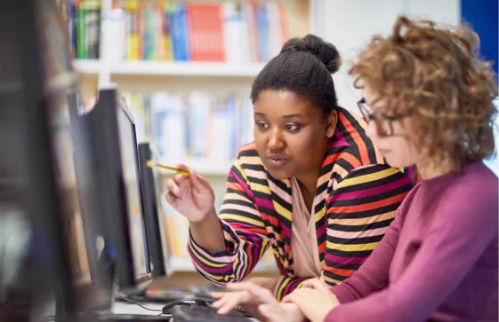 Two individuals are collaborating at a computer desk in a library setting, discussing content displayed on the screen. One person is holding a pencil, pointing towards the monitor.