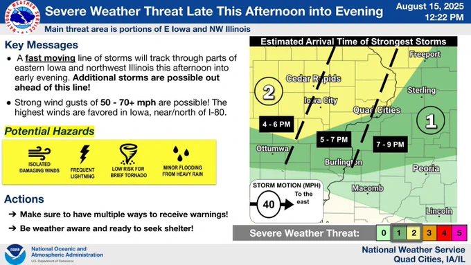 Latest severe weather outlook from the Storm Prediction Center and estimated timing of the strongest storms. Also a listing of the potential threats, with isolated damaging winds and frequent lightning being the main threats, with a low risk for a brief tornado and minor flooding from heavy rainfall.

