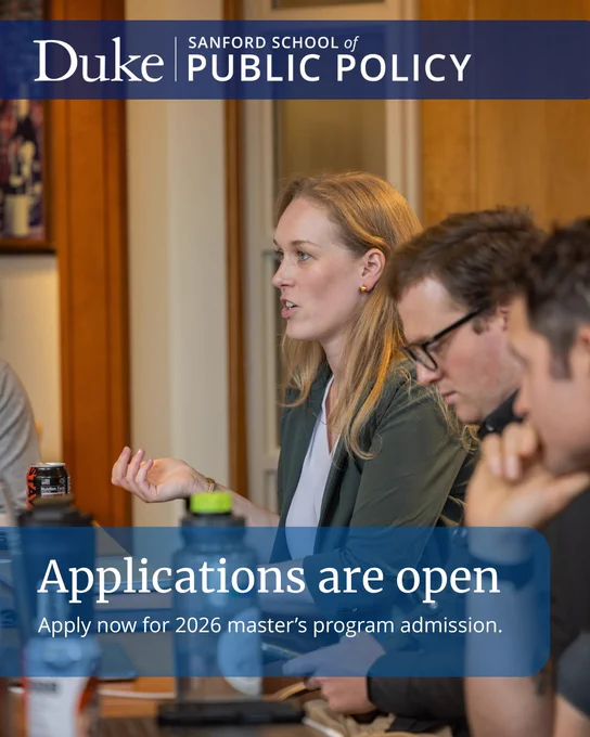 Duke Sanford school of public policy logo. Woman gesturing in classroom. Applications are open. Apply now for 2026 master's program admission.