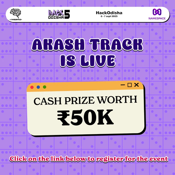 🛰️UNLEASH THE FUTURE OF DEPLOYMENT
Build. Scale. Decentralize. Win big at HackOdisha with Akash Network — the world’s decentralized cloud.

​Your mission: Deploy powerful apps, AI models, or compute-heavy workloads on permissionless infrastructure that’s fast, cheap, and borderless.

​🔻 What You’ll Build
Leverage Akash to create:

​Full-stack dApps with 1-click deployments

​AI & machine learning models using real GPUs

​Scalable, decentralized infrastructure tools

​Anything that pushes the limits of cloud compute

​🔥 Why Akash?
Get free credits to deploy instantly

​Use 1-click templates & launch in minutes

​Access real GPUs at the lowest cost

​Join a live, supportive dev community

​🎁 $1000  IN PRIZES

​1st Prize: $230 – Best Use of Akash GPUs/Compute

​2nd Prize: $170 – Best Use of Akash AI

​3rd Prize: $115 – Best Deployment on Akash

​$500 Mega Prize – Ready to Launch market project
