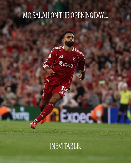 Photography of Mo Salah celebrating his goal against Bournemouth with text reading: Mo Salah on the opening day... Inevitable.
