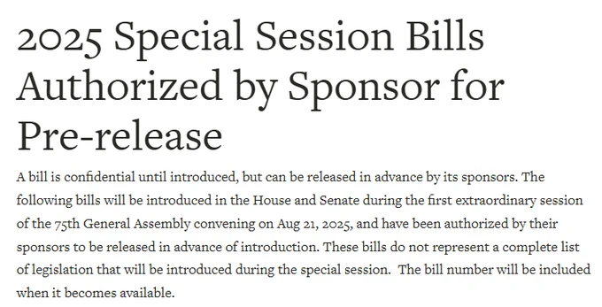 Explanation of pre-released bills on the landing page of the leg.colorado.gov website.