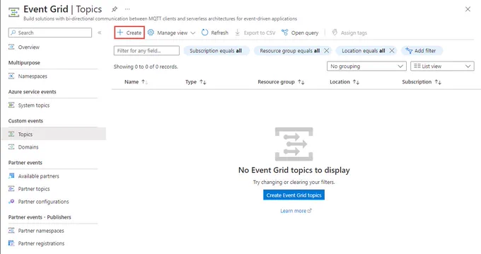 Screenshot showing the Create Topic button on Event Grid topics page