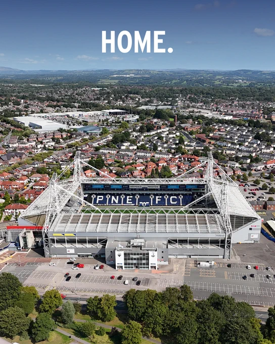 An aerial photo of Deepdale, with the word 'home' above it.