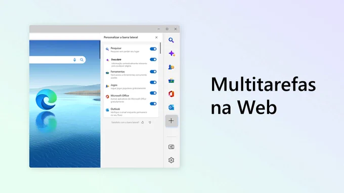O texto ao lado da captura de tela da barra lateral do Microsoft Edge diz Várias tarefas na web. 
