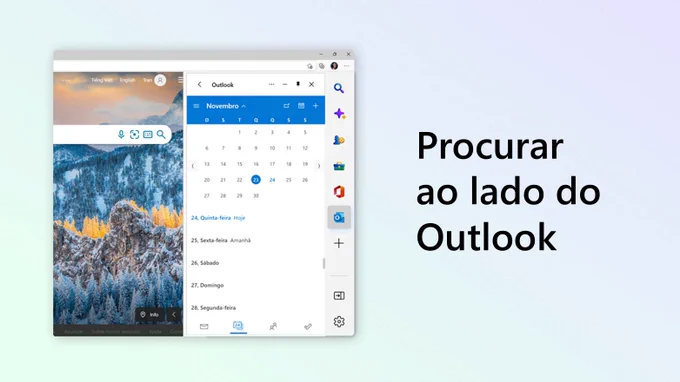 Texto ao lado da captura de tela da barra lateral do Microsoft Edge diz Procurar no Outlook. 
