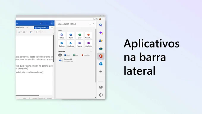 Texto ao lado da captura de tela da barra lateral do Microsoft Edge que diz Aplicativos na barra lateral. 
