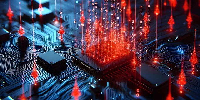 Pictorial representation of the infostealer DarkCloud Stealer. Close-up of a circuit board with glowing red data streams and multiple microchips, highlighting advanced technology.