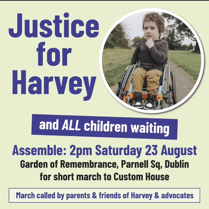 A poster justice for Harvey and all children waiting. Assemble: 2 pm Saturday, the 23rd of August at the garden of remembrance, Parnell Square, Dublin for short March to custom house.