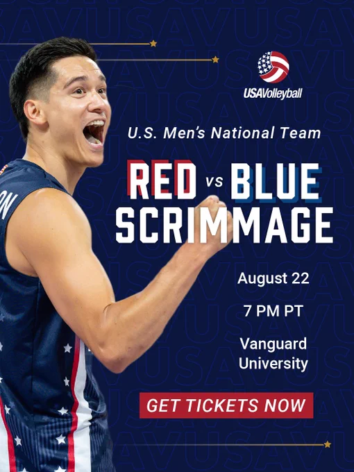 Promotional poster featuring Micah Christenson advertising a Red vs Blue Team scrimmage at Vanguard University on August 22 at 7 PM PT. Text urges to 'Get Tickets Now'.
