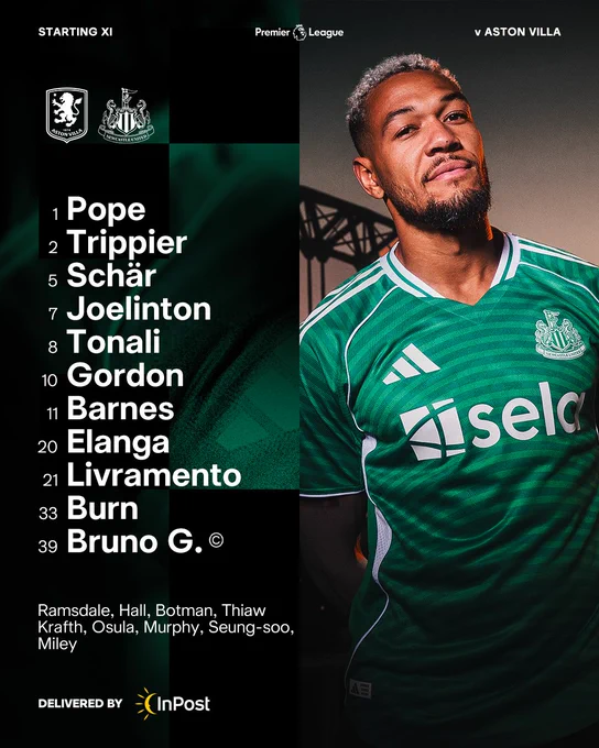 Newcastle United: Pope, Trippier, Schär, Joelinton, Tonali, Gordon, Barnes, Elanga, Livramento, Burn, Bruno G.