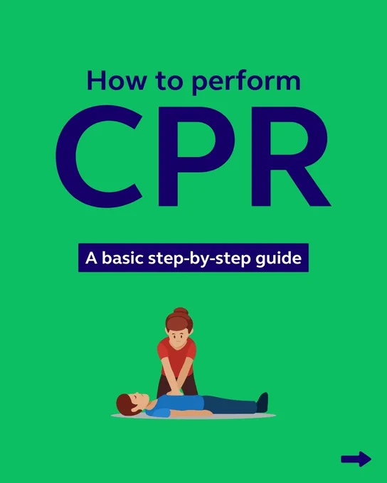 Green infographic with dark blue text that says ‘How to perform CPR’ with a subtitle in white text and dark blue background that says ‘a basic step-by-step guide’. Underneath the text there is an illustration of someone performing CPR.