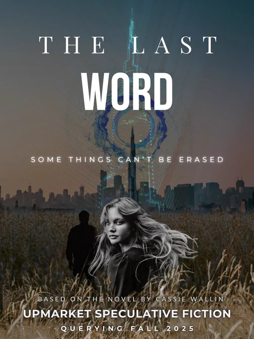 A mock movie poster for a book "The Last Word" tagline: "Some things can't be erased" an upmarket speculative fiction set to query in fall 2025. A woman stands in a wheat field with a dark figure before her. A city with a tall spire stands in the background. A circle of light and data spins around the point of the tower. a double exposure of tower lights are superimposed in front of it. The image is dark and foreboding.