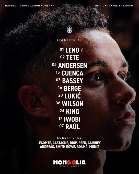 XI: Leno, Tete, Andersen, Cuenca, Bassey, Berge, Lukić, Wilson, King, Iwobi, Raúl.

Subs: Lecomte, Castagne, Diop, Reed, Cairney, Andreas, Smith Rowe, Adama, Muniz.
