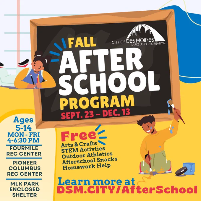 Join Des Moines Parks and Rec for our Fall After-School Program. Image shows kids drwing and painting, learn more at dsm.city/AfterSchool