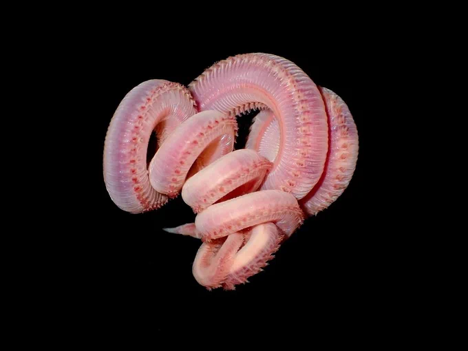 A pale pink worm with segments coils around itself. It has little bristle-like appendages all along its body.