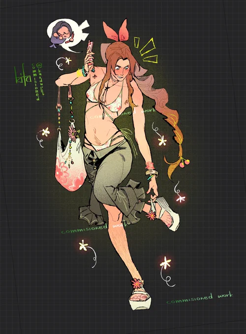 Commissioned work of transfemme Aerith in swim wear! She’s wearing a white set with a green trim and pink flowers as patterns
On her hips is a greenish skirt
She’s adjusting the lims of her sandals and in a clear hurry, in the other hand she’s holding a pink folding phone 
She’s on a call with Tifa and she’s saying something that makes Aerith blush 