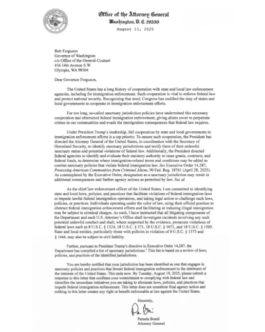 Letter addressed to Gov Ferguson from AG Bondi calling to end "sanctuary jurisdiction policies"
