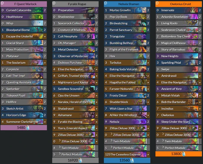 Quest Warlock, Fyrakk Rogue, Nebula Shaman, Owlonius Druid