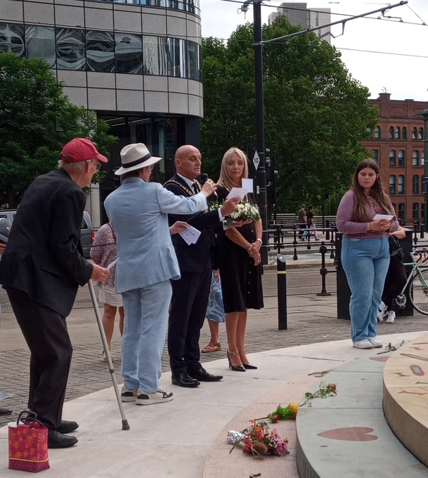 Lord Mayor Carmine Grimshaw reading the details of Peterloo victim Sarah Jones