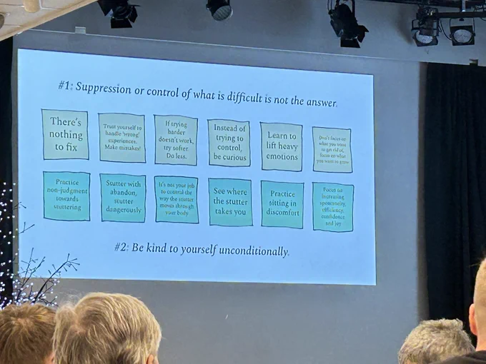 Photograph of Willemjn Bolk’s final keynote slide summarising her key learnings:
#1 Suppression or control of what is difficult is not the answer
#2 Be kind to yourself unconditionally