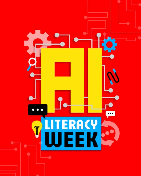 Bold yellow "AI" text surrounded by tech icons, with "Literacy Week" written in blue and black below. Red background with circuit design.