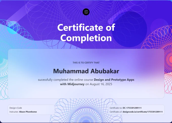 Just completed the "Design and Prototype Apps with Midjourney" Certification from @designcodeio
