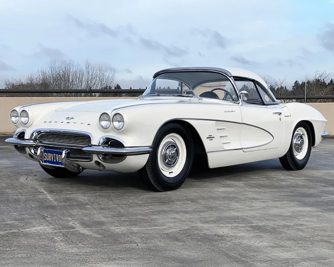 Survivor alert! This 1961 Chevrolet Corvette convertible is powered by its original matching-numbers 283/315hp fuel-injected V8 paired with a T10 4-speed transmission with posi-traction. Finished in Ermine White with a black interior, it comes unrestored and full of vintage charm. Plus, it features a vintage Wonder Bar radio and both hard and soft tops. Selling with No Reserve at the 2025 Scottsdale Fall Auction, Oct. 15-18 at WestWorld. 

