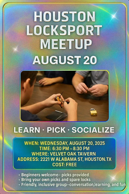 More information here https://www.meetup.com/houston-locksport/events/308615068/?eventOrigin=group_events_list
