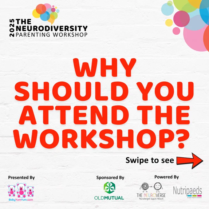 💙 Three powerful reasons to join us at the Neurodiversity Parenting Workshop 💙 This is your space to gain insight, feel understood and leave with strategies that work. You don't want to miss out, get your tickets today!   This year’s Neurodiversity Parenting Workshop is brought to you by BabyYumYum and sponsored by @OldMutualSA  partnership with The Neuroverse and Nutripaeds