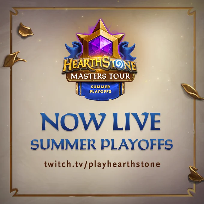 A graphic stating that the Masters Tour Summer Playoffs are now live on twitch.tv/playhearthstone