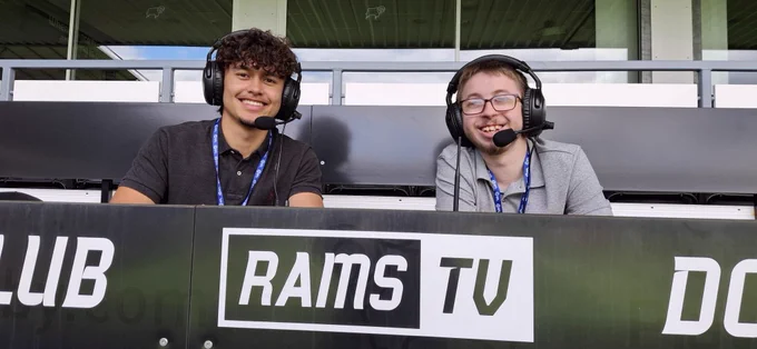 A picture of two Derby County ADC Commentators wearing headsets and ready to commentate.