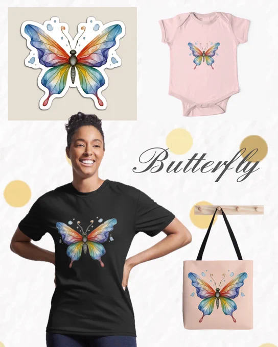 A watercolor butterfly with rainbow-colored wings shown on different products including a sticker, a baby bodysuit, a black T-shirt, and a pink tote bag. The design features delicate color transitions that create a magical and light impression.